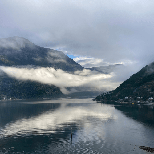 Mystische Impulse im norwegischen Fjord. Ich liebe es, wenn morgens der Nebel zwischen den Hügeln steht.